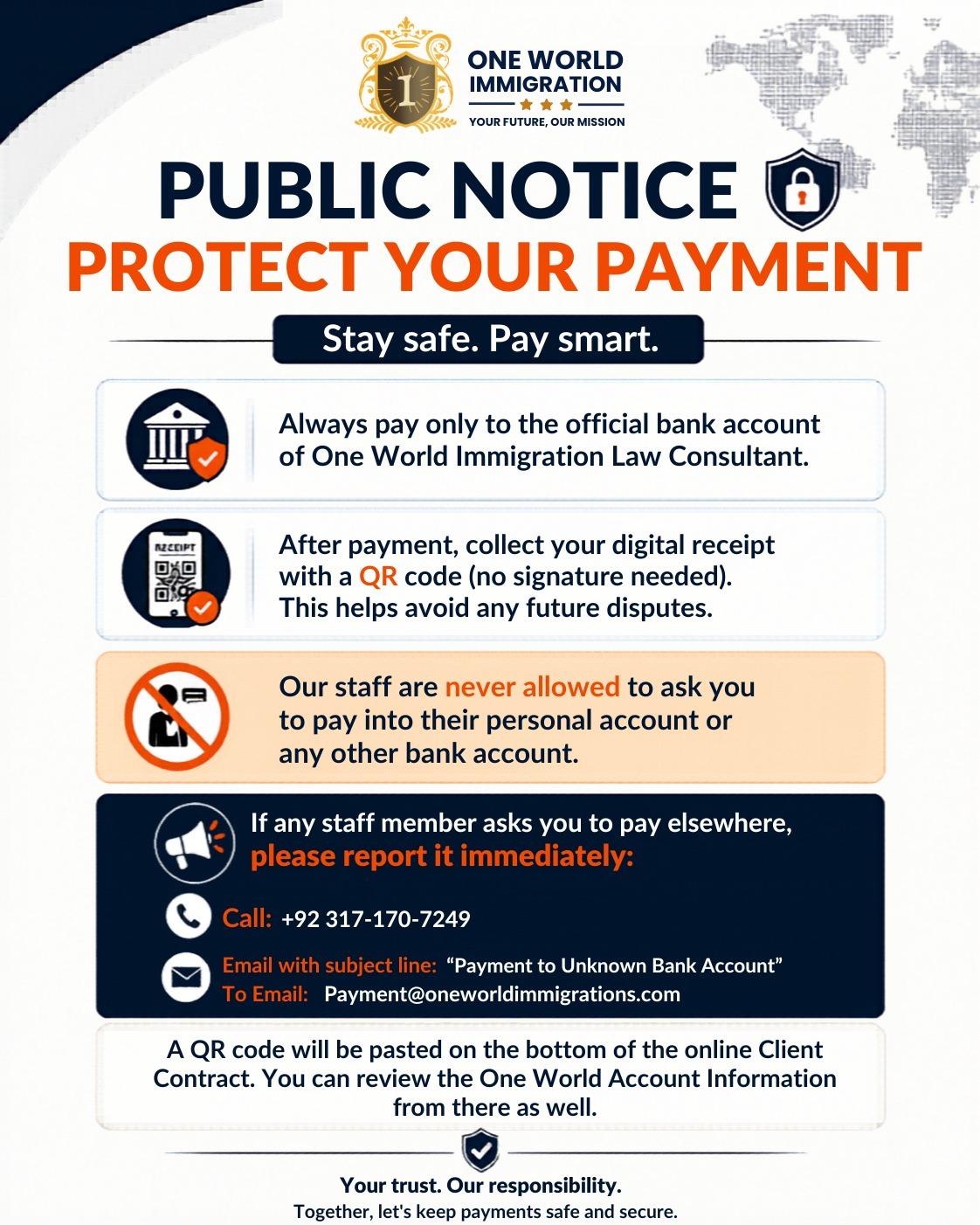 Public notice: Protect your payment — pay only to the official One World Immigration bank account.