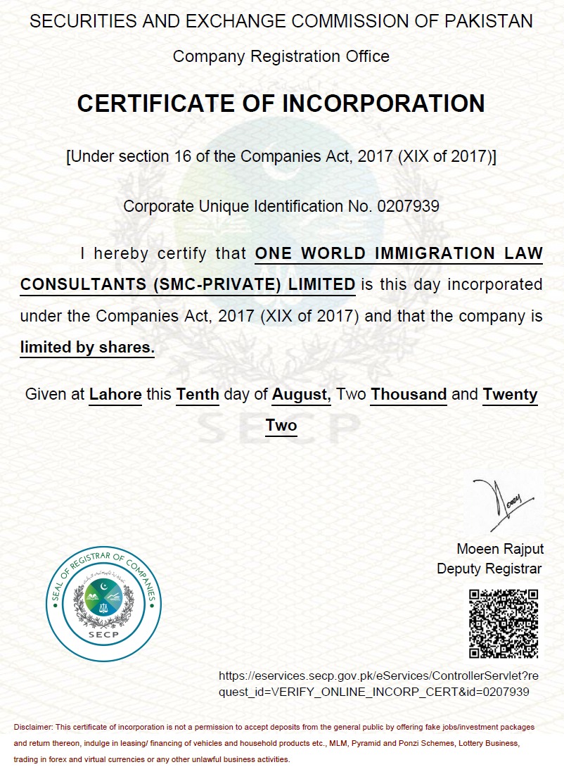 SECP certificate of incorporation — One World Immigration Law Consultants